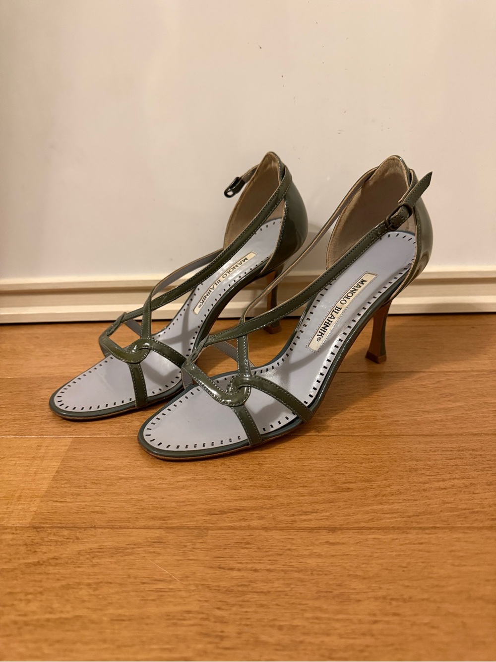 Manolo Blahnik Olive Patent Leather Strappy Heels